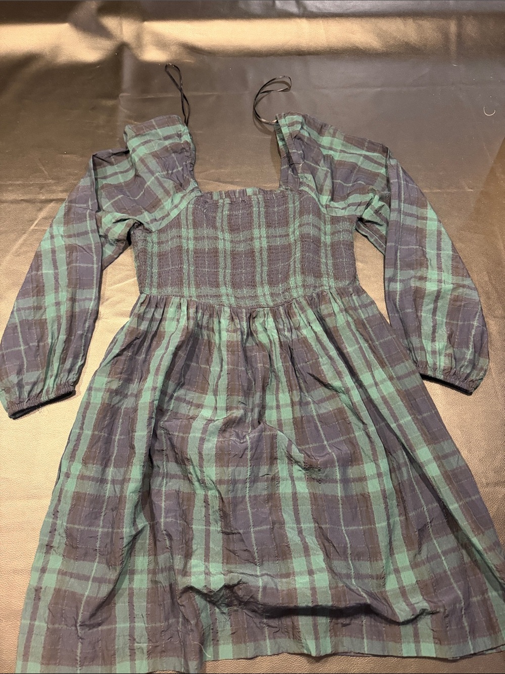 Old Navy Black and Green Plaid Smocked Midi Dress
